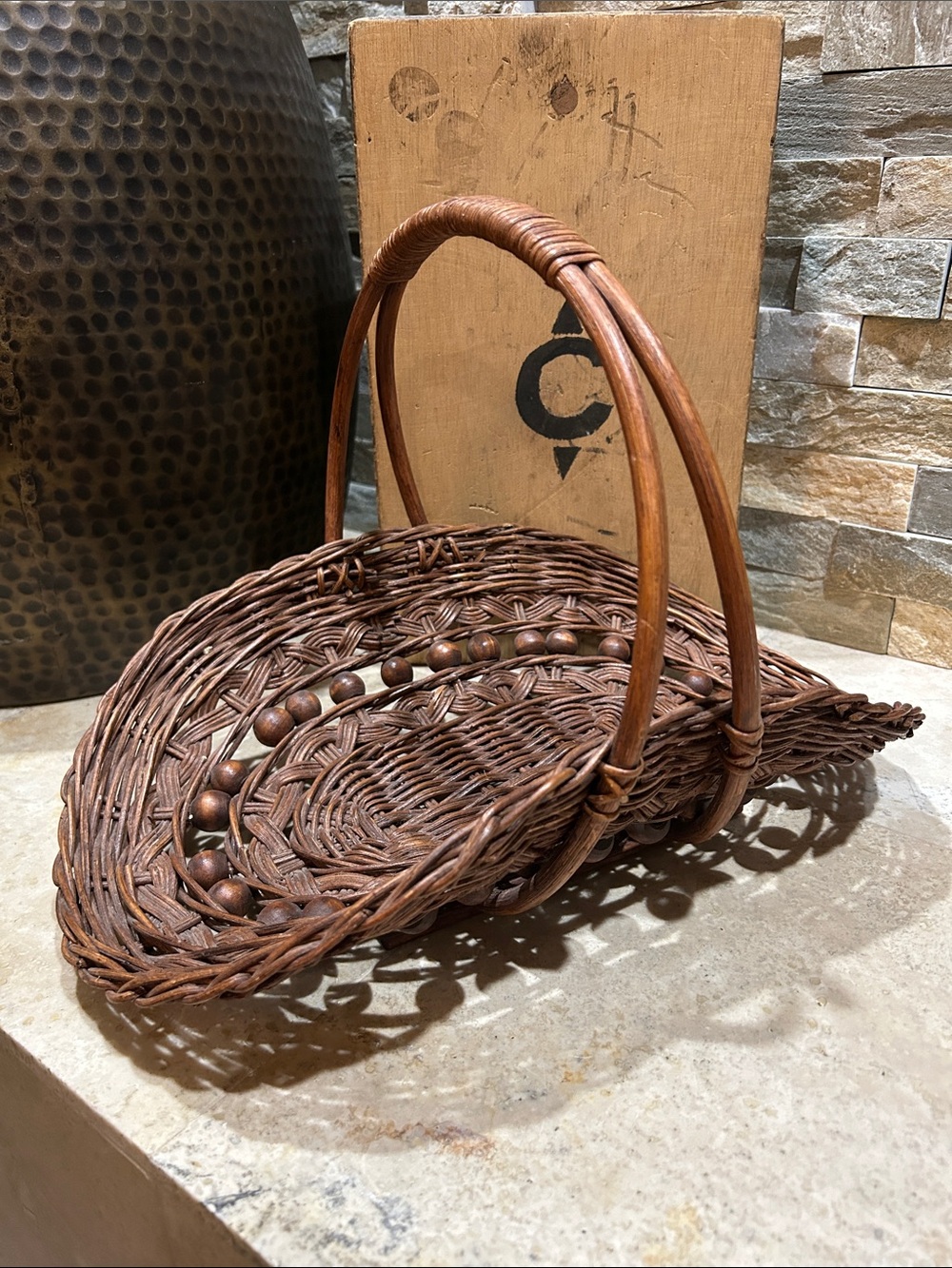 vintage wicker rattan foraging flower trug basket decorated w/ wooden beads